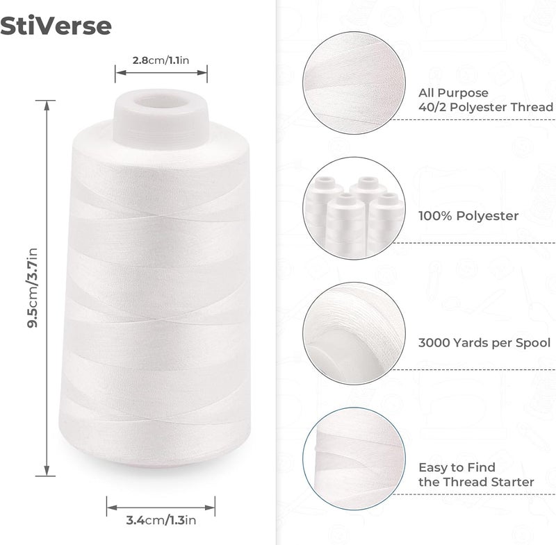 StiVerse Serger Thread 4 Cones 3000 Yards Each Spool All Purpose Polyester Thread 40S/2 for Sewing, Serger, Overlock, Quilting, Piecing - Black+White - Image 2